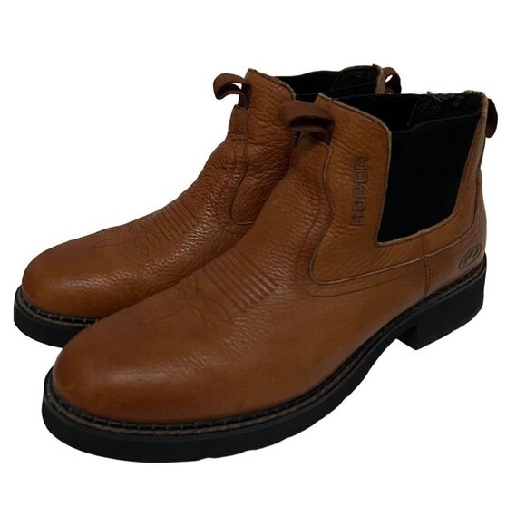 Roper Mens Brown Leather Lucas Ankle Boots US 10.5 Pull On Non Slip Comfort New - Picture 2 of 14